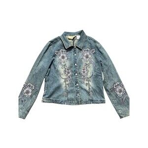 Urbantribe Med Blue Jean Denim Jacket Beaded Designs Metal Button Front Sz L